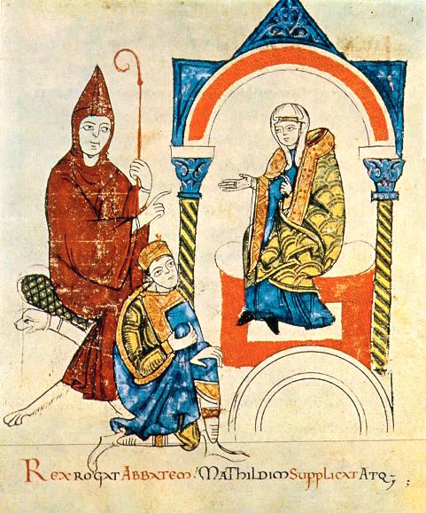 Rencontre de Canossa - Henri IV de Franconie assis devant Mathilde de Toscane, en présence de saint Hugues de Cluny - Vita Mathildis